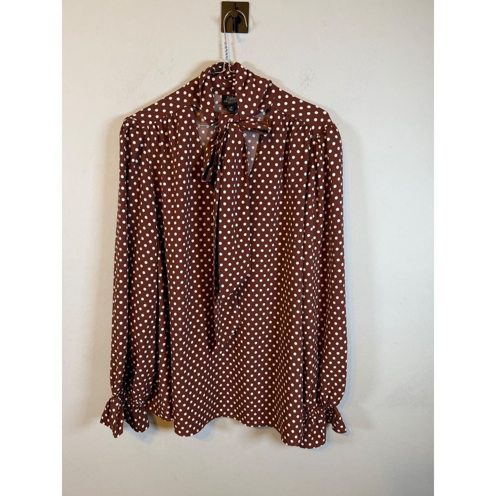 Abbott Elementary Womens Blouse Polka Dot Bow Brown 2X